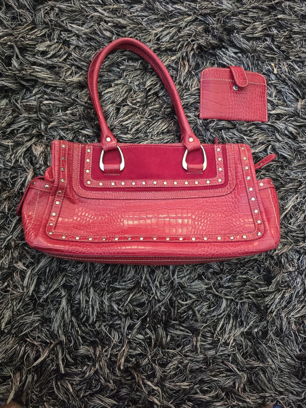 Nine West Red Croc-Embossed Studded Shoulder Bag with Matching Wallet